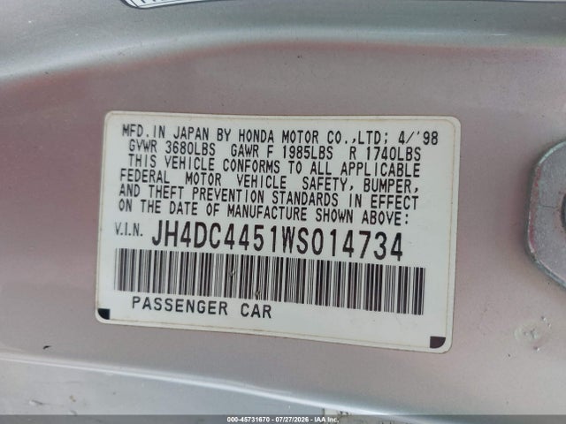 1998 Acura Integra Ls მანქანა იყიდება აუქციონზე, vin: JH4DC4451WS014734, აუქციონის ნომერი: 45731670