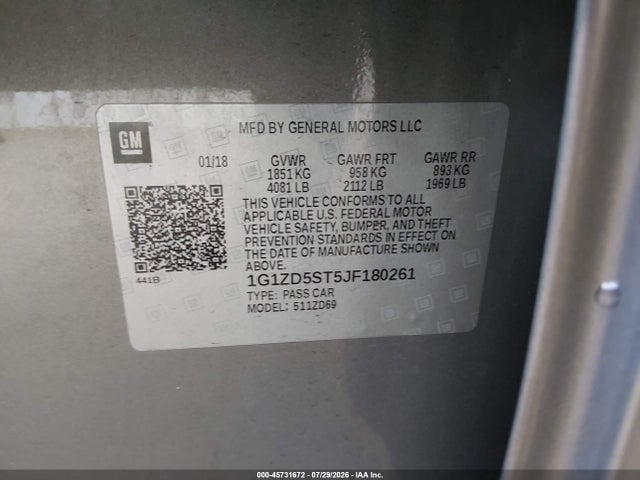 Auction sale of the 2018 Chevrolet Malibu Lt, vin: 1G1ZD5ST5JF180261, lot number: 45731672