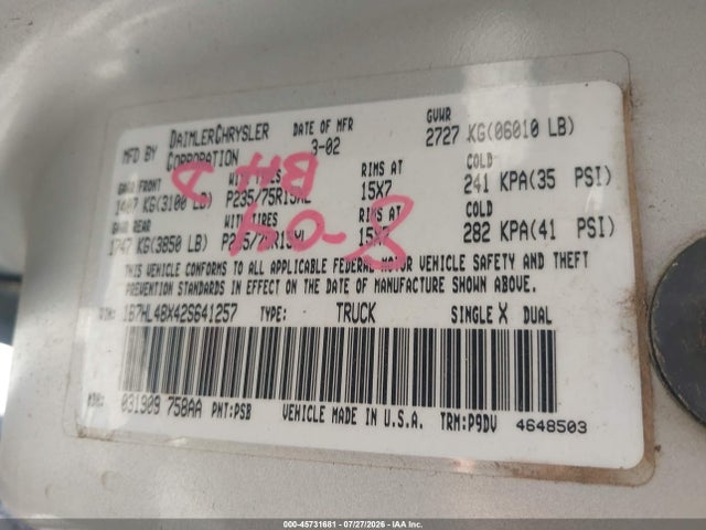 45731681 :رقم المزاد ، 1B7HL48X42S641257 vin ، 2002 Dodge Dakota Slt مزاد بيع