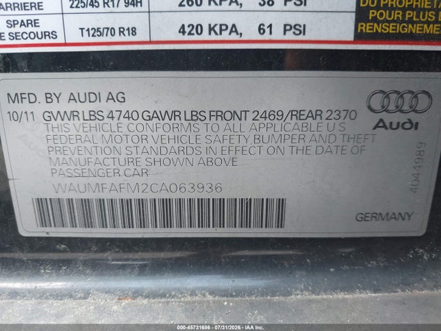 Aukcja sprzedaży 2012 Audi A3 2.0t Premium Plus, vin: WAUMFAFM2CA063936, numer aukcji: 45731686