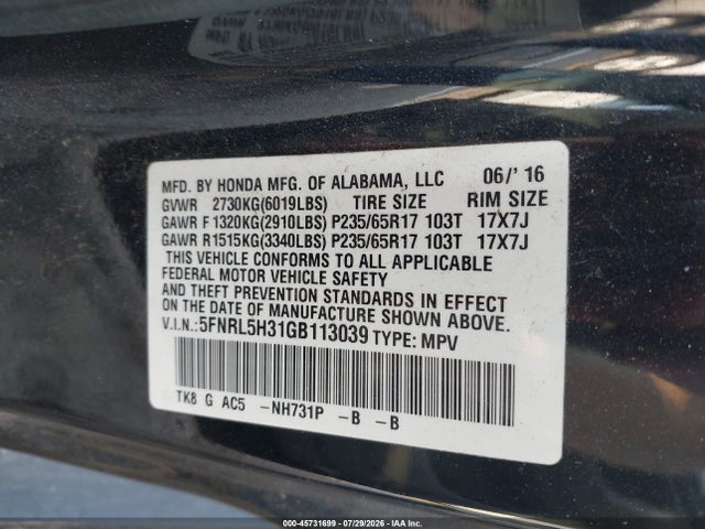 Продаж на аукціоні авто 2016 Honda Odyssey Se, vin: 5FNRL5H31GB113039, номер лоту: 45731699
