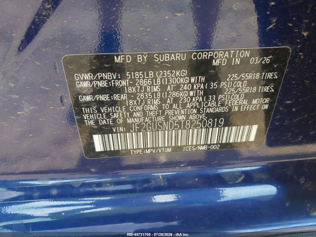45731700 :رقم المزاد ، JF2GUSND5T8250819 vin ، 2026 Subaru Crosstrek Limited مزاد بيع