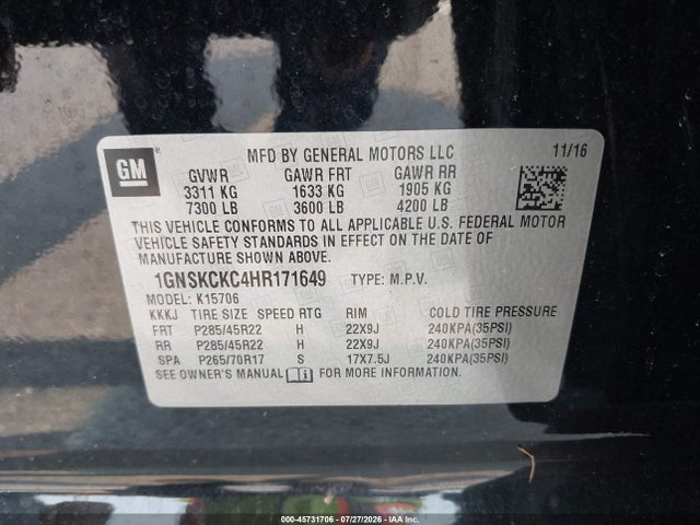 Продаж на аукціоні авто 2017 Chevrolet Tahoe Premier, vin: 1GNSKCKC4HR171649, номер лоту: 45731706