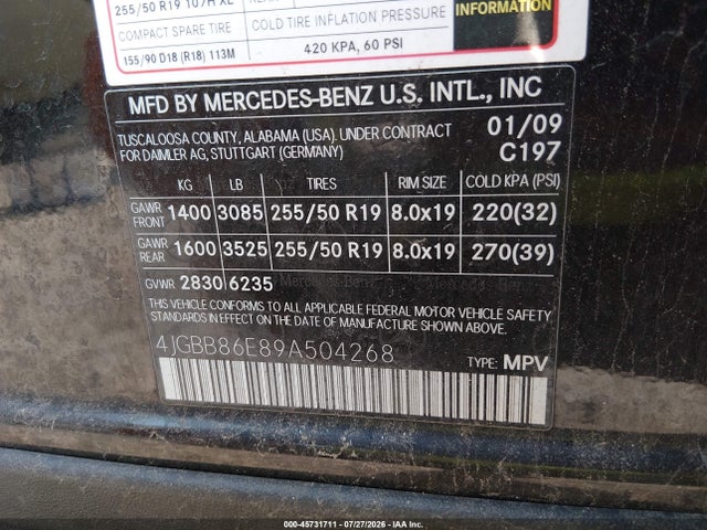 45731711 :رقم المزاد ، 4JGBB86E89A504268 vin ، 2009 Mercedes-benz Ml 350 4matic مزاد بيع