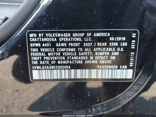 Aukcja sprzedaży 2019 Volkswagen Passat 2.0t Wolfsburg Edition, vin: 1VWLA7A36KC002054, numer aukcji: 45731714
