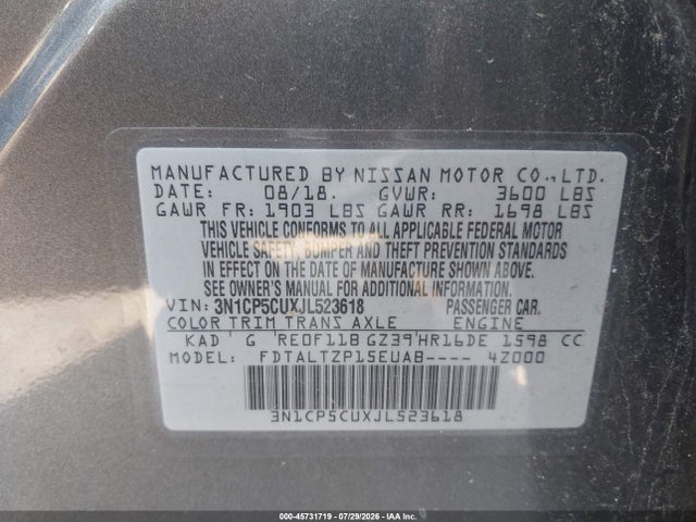 Aukcja sprzedaży 2018 Nissan Kicks Sr, vin: 3N1CP5CUXJL523618, numer aukcji: 45731719