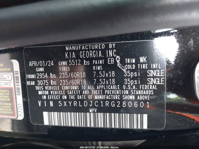 45731720 :رقم المزاد ، 5XYRLDJC1RG280601 vin ، 2024 Kia Sorento S مزاد بيع