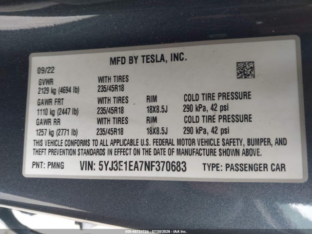 Aukcja sprzedaży 2022 Tesla Model 3 Rear-wheel Drive, vin: 5YJ3E1EA7NF370683, numer aukcji: 45731724