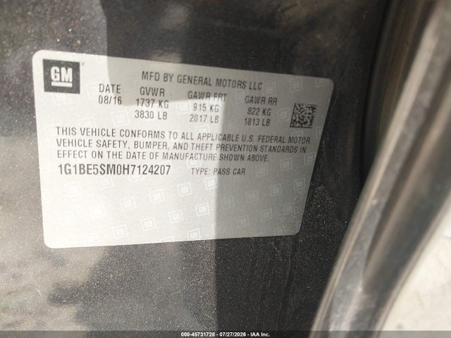 Aukcja sprzedaży 2017 Chevrolet Cruze Lt Auto, vin: 1G1BE5SM0H7124207, numer aukcji: 45731728