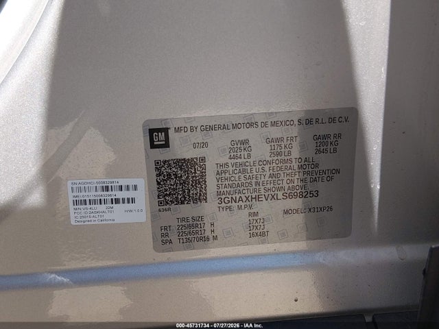 45731734 :رقم المزاد ، 3GNAXHEVXLS698253 vin ، 2020 Chevrolet Equinox Fwd Ls مزاد بيع