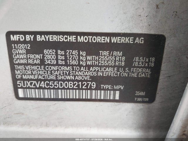 45731737 :رقم المزاد ، 5UXZV4C55D0B21279 vin ، 2013 Bmw X5 Xdrive35i/xdrive35i Premium/xdrive35i Sport Activity مزاد بيع