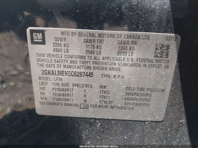 Aukcja sprzedaży 2012 Gmc Terrain Sle-1, vin: 2GKALMEK5C6287445, numer aukcji: 45731740
