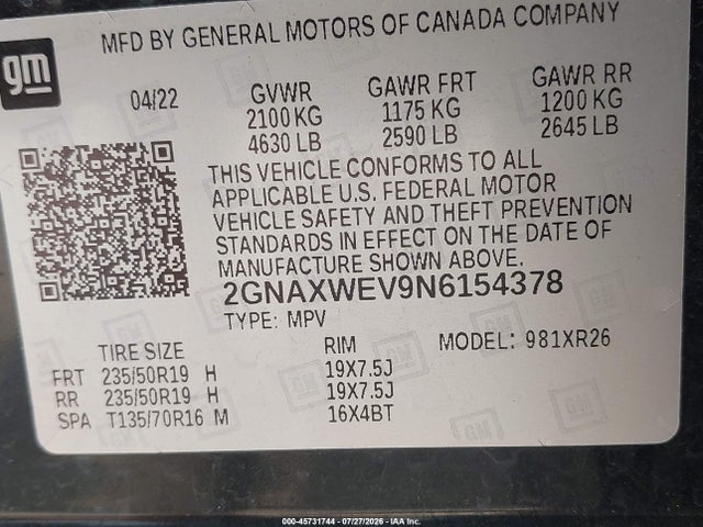2022 Chevrolet Equinox Awd Rs მანქანა იყიდება აუქციონზე, vin: 2GNAXWEV9N6154378, აუქციონის ნომერი: 45731744