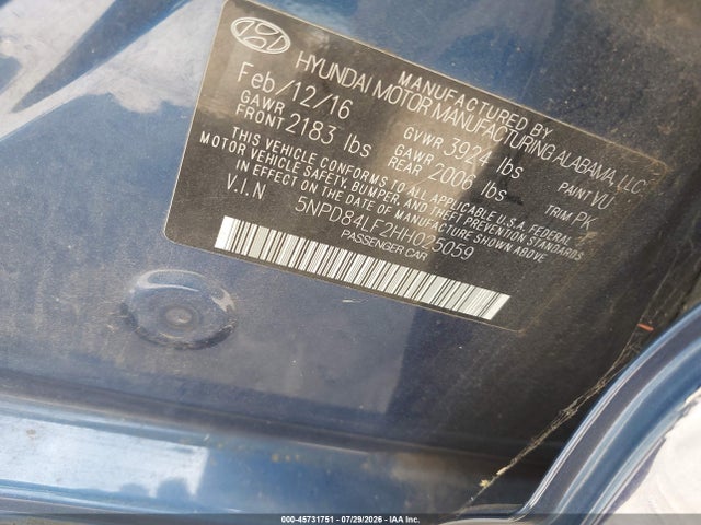 2017 Hyundai Elantra Se მანქანა იყიდება აუქციონზე, vin: 5NPD84LF2HH025059, აუქციონის ნომერი: 45731751
