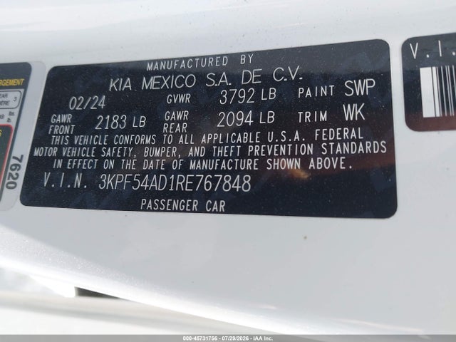 2024 Kia Forte Gt-line მანქანა იყიდება აუქციონზე, vin: 3KPF54AD1RE767848, აუქციონის ნომერი: 45731756