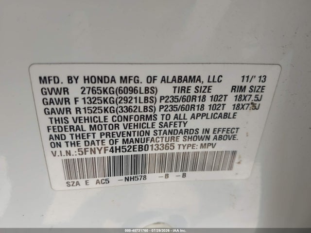 2014 Honda Pilot Ex-l მანქანა იყიდება აუქციონზე, vin: 5FNYF4H52EB013365, აუქციონის ნომერი: 45731760