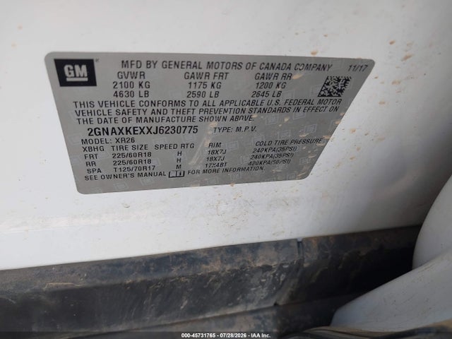2GNAXKEXXJ6230775 Chevrolet EQUINOX LT