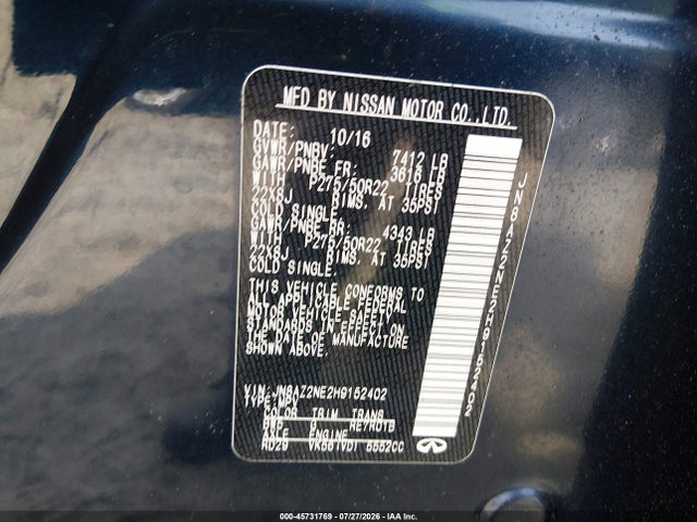 2017 Infiniti Qx80 მანქანა იყიდება აუქციონზე, vin: JN8AZ2NE2H9152402, აუქციონის ნომერი: 45731769