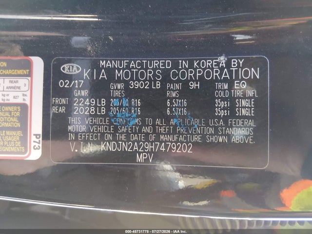 45731778 :رقم المزاد ، KNDJN2A29H7479202 vin ، 2017 Kia Soul مزاد بيع