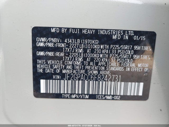 Aukcja sprzedaży 2015 Subaru Xv Crosstrek 2.0i Premium, vin: JF2GPACC6F8242731, numer aukcji: 45731779