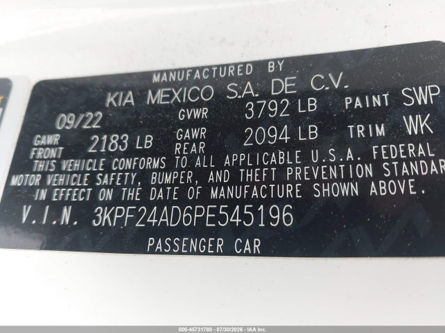 Aukcja sprzedaży 2023 Kia Forte Lxs, vin: 3KPF24AD6PE545196, numer aukcji: 45731780