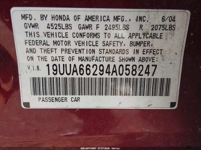 2004 Acura Tl მანქანა იყიდება აუქციონზე, vin: 19UUA66294A058247, აუქციონის ნომერი: 45731805