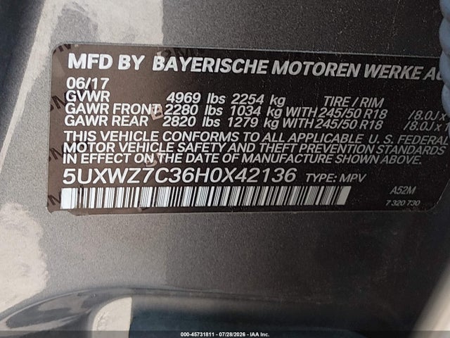 45731811 :رقم المزاد ، 5UXWZ7C36H0X42136 vin ، 2017 Bmw X3 Sdrive28i مزاد بيع