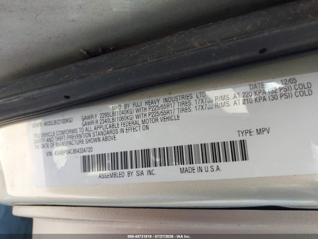 45731819 :رقم المزاد ، 4S4BP84C864334720 vin ، 2006 Subaru Outback 3.0r مزاد بيع