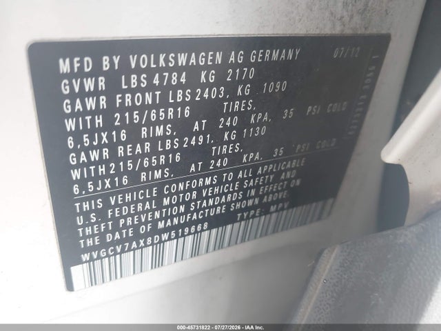 Aukcja sprzedaży 2013 Volkswagen Tiguan S, vin: WVGCV7AX8DW519668, numer aukcji: 45731822