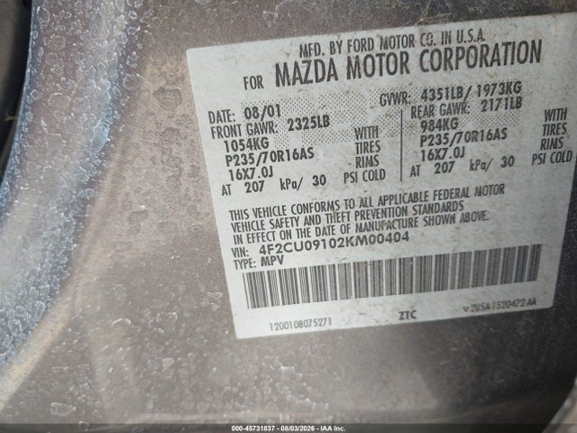 Продаж на аукціоні авто 2002 Mazda Tribute Es V6/lx V6, vin: 4F2CU09102KM00404, номер лоту: 45731837