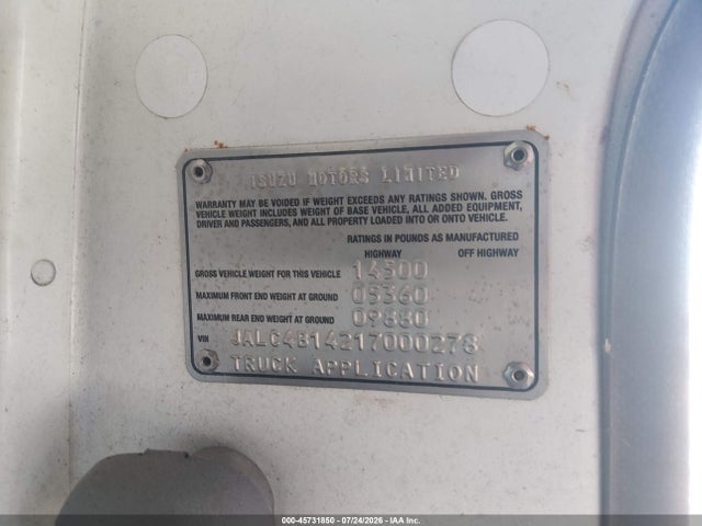 45731850 :رقم المزاد ، JALC4B14217000278 vin ، 2001 Isuzu Npr مزاد بيع