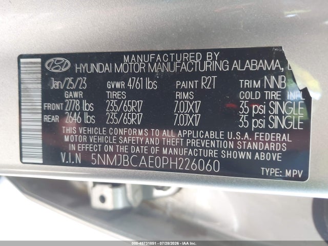 Aukcja sprzedaży 2023 Hyundai Tucson Sel, vin: 5NMJBCAE0PH226060, numer aukcji: 45731851