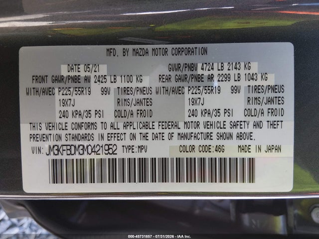 45731857 :رقم المزاد ، JM3KFBDM3M0421952 vin ، 2021 Mazda Cx-5 Grand Touring مزاد بيع
