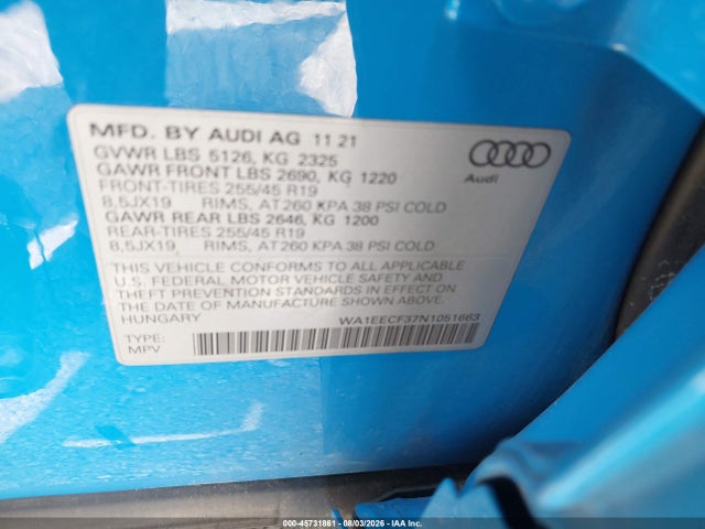 Продажа на аукционе авто 2022 Audi Q3 Premium Plus 45 Tfsi S Line Quattro Tiptronic, vin: WA1EECF37N1051663, номер лота: 45731861
