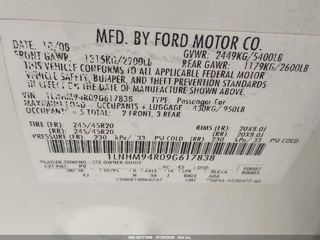 45731866 :رقم المزاد ، 1LNHM94R09G617838 vin ، 2009 Lincoln Mks مزاد بيع