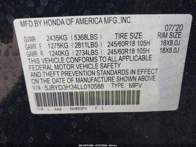 45731869 :رقم المزاد ، 5J8YD3H34LL010588 vin ، 2020 Acura Mdx Standard مزاد بيع