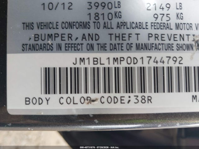 2013 Mazda Mazda3 I Grand Touring მანქანა იყიდება აუქციონზე, vin: JM1BL1MP0D1744792, აუქციონის ნომერი: 45731876