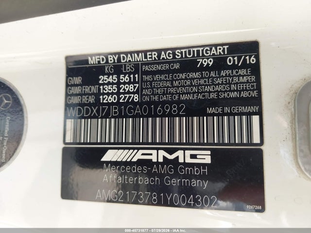 45731877 :رقم المزاد ، WDDXJ7JB1GA016982 vin ، 2016 Mercedes-benz Amg S 63 4matic مزاد بيع