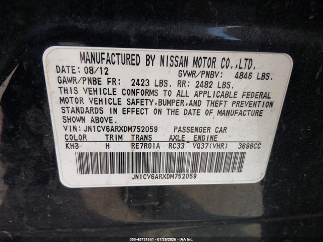 2013 Infiniti G37x მანქანა იყიდება აუქციონზე, vin: JN1CV6ARXDM752059, აუქციონის ნომერი: 45731881
