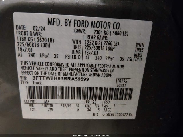 Aukcja sprzedaży 2024 Ford Maverick Xlt, vin: 3FTTW8H93RRA59599, numer aukcji: 45731896
