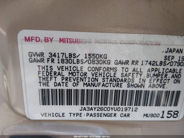 Auction sale of the 2000 Mitsubishi Mirage De, vin: JA3AY26C0YU019712, lot number: 45731904