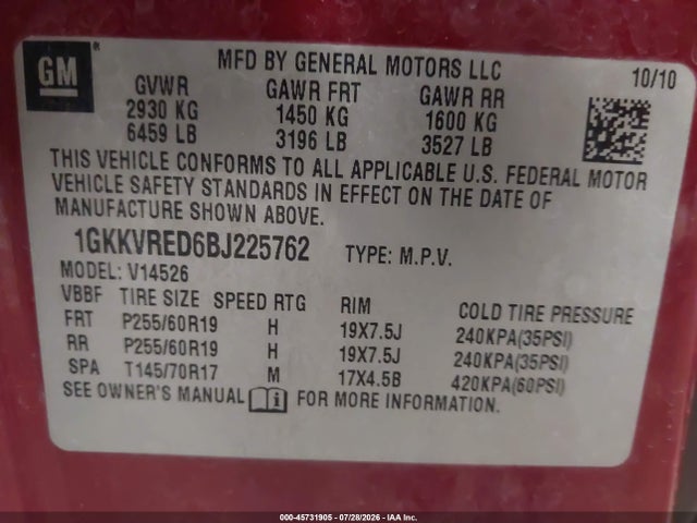 Продажа на аукционе авто 2011 Gmc Acadia Slt-1, vin: 1GKKVRED6BJ225762, номер лота: 45731905