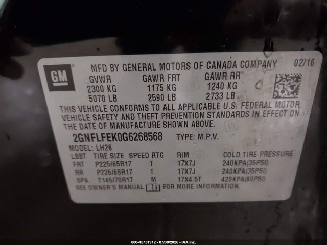 45731912 :رقم المزاد ، 2GNFLFEK0G6268568 vin ، 2016 Chevrolet Equinox Lt مزاد بيع