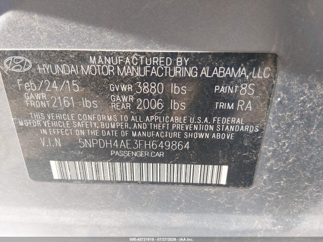 45731918 :رقم المزاد ، 5NPDH4AE3FH649864 vin ، 2015 Hyundai Elantra Se مزاد بيع