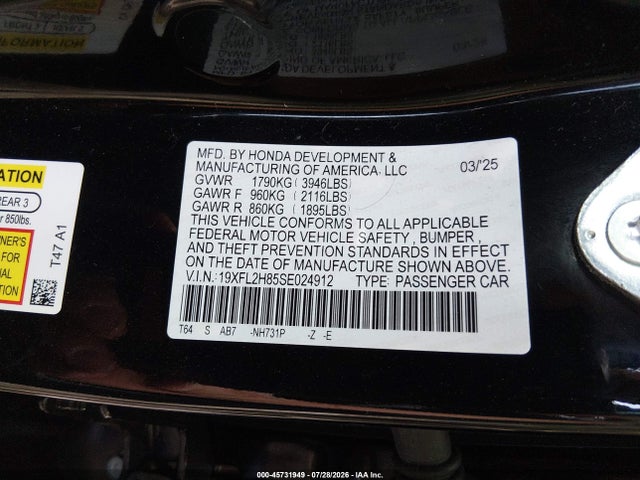 45731949 :رقم المزاد ، 19XFL2H85SE024912 vin ، 2025 Honda Civic Sedan Sport مزاد بيع