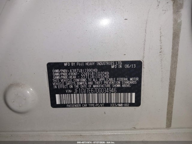 45731974 :رقم المزاد ، JF1GV7E67DG034946 vin ، 2013 Subaru Impreza Wrx مزاد بيع