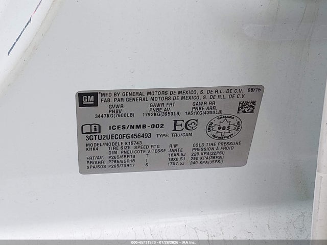 2015 Gmc Sierra 1500 Sle მანქანა იყიდება აუქციონზე, vin: 3GTU2UEC0FG456493, აუქციონის ნომერი: 45731980
