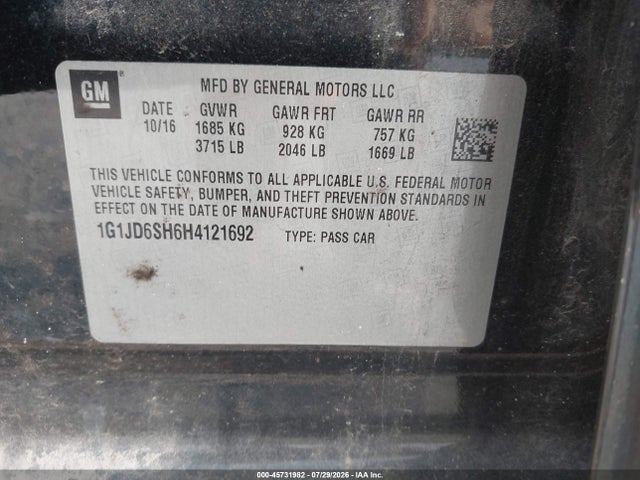 45731982 :رقم المزاد ، 1G1JD6SH6H4121692 vin ، 2017 Chevrolet Sonic Lt Auto مزاد بيع