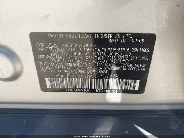 Продажа на аукционе авто 2009 Subaru Forester 2.5x, vin: JF2SH61669H757279, номер лота: 45732002