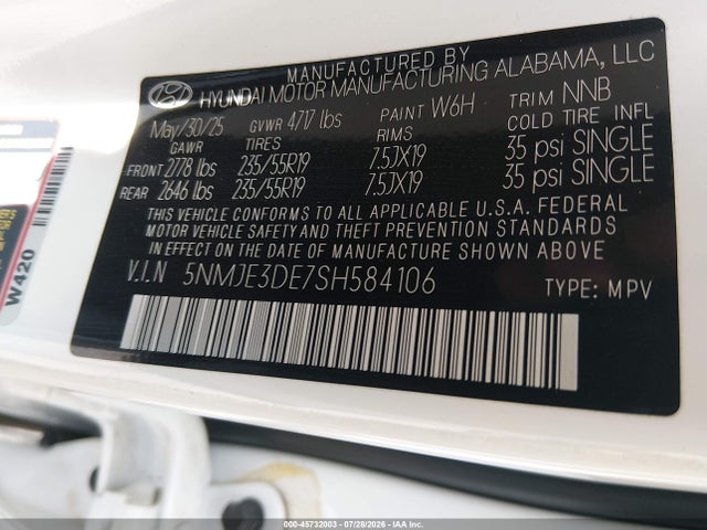 2025 Hyundai Tucson Limited მანქანა იყიდება აუქციონზე, vin: 5NMJE3DE7SH584106, აუქციონის ნომერი: 45732003